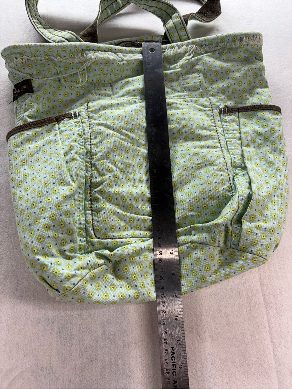 Thirty-One Quilted Tote Bag Mint Green Floral Print Brown Trim Organizer Purse - Picture 9 of 9